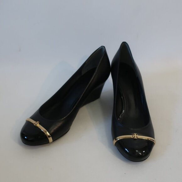 Authentic Womens Tory Burch Pacey Black Leather Wedge Heel Pumps Shoes 9 - Picture 4 of 13